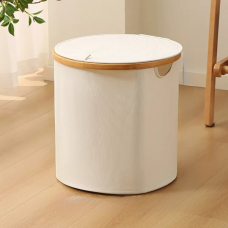 Кошик для білизни складний з бамбуковими ручками і кришкою, білий