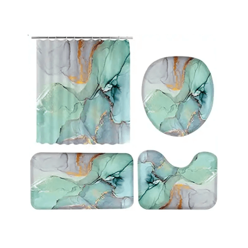 Набір килимків і шторки для ванної кімнати та душу, комплект шторки і килимки у ванну, бірюзовий колір