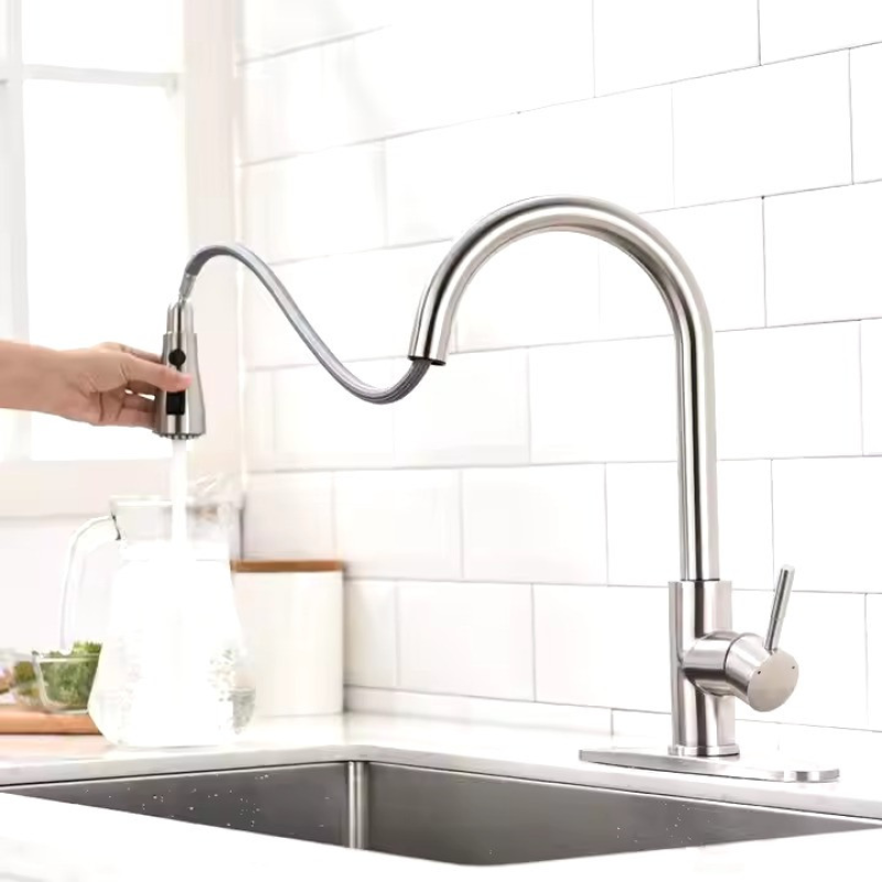 Змішувач для кухні латунний з гнучким висувним шлангом з нержавіючої сталі з матовим нікелевим покриттям