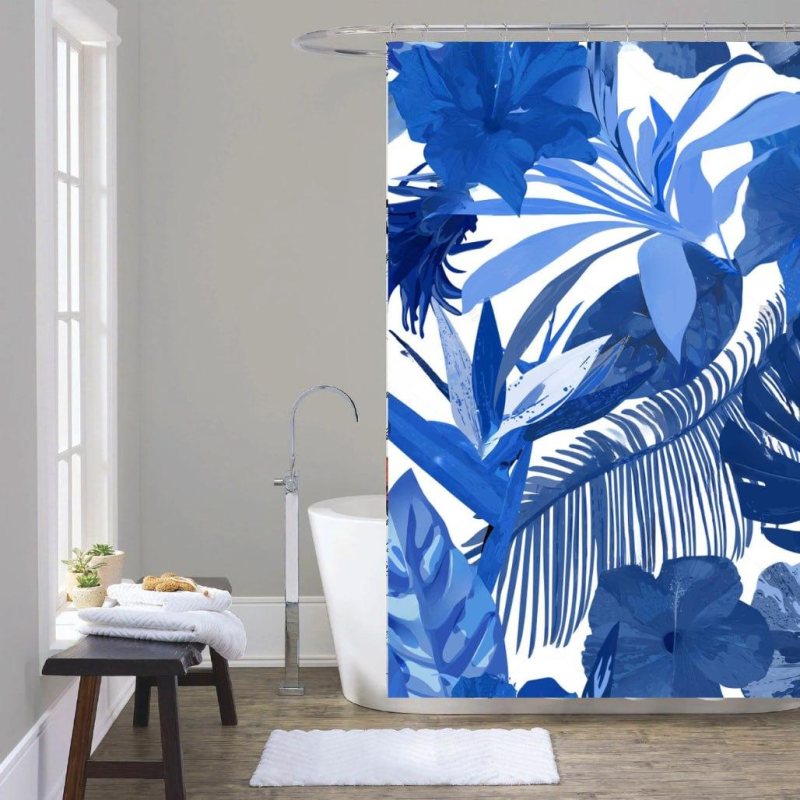 Шторка для душу та ванної кімнати з водовідштовхувальним покриттям, колір синій з принтом