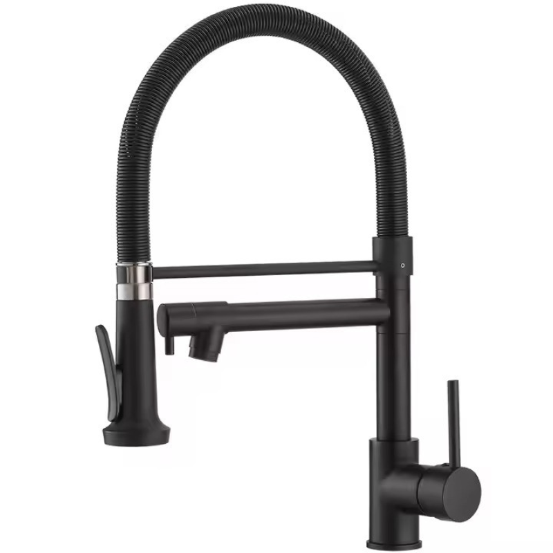 Змішувач для кухні з латунний з висувним і стаціонарним зливом з нержавіючої сталі, колір чорний