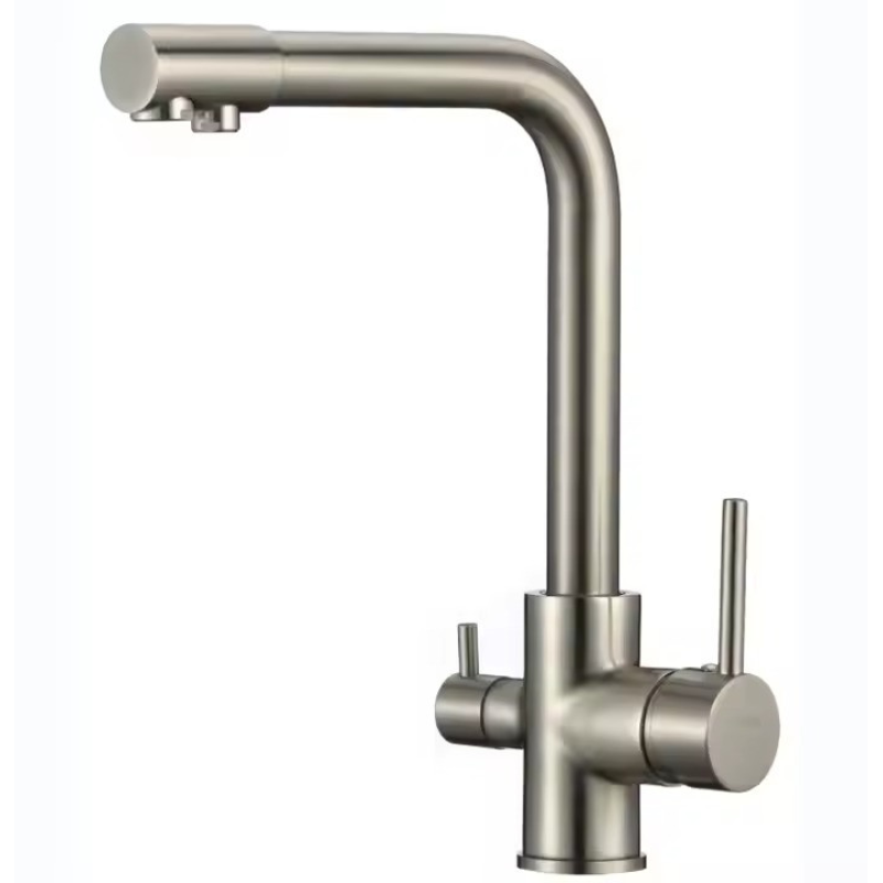 Змішувач для кухні з підключенням до фільтра латунний, з матовим нікелем з бічними важелями, матовий нікель