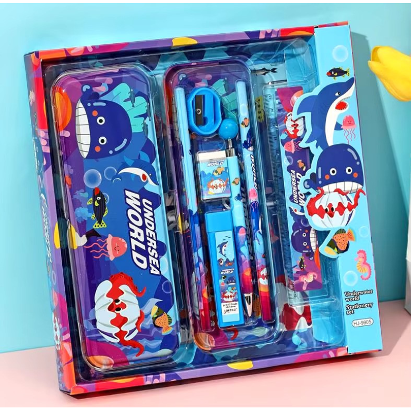 Пенал шкільний «Акули» з канцелярським приладдям для школи в комплекті