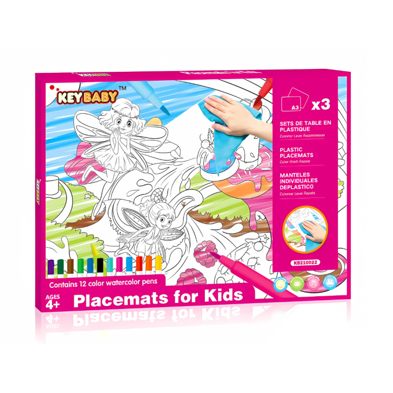 Набір для малювання, дитячі розмальовки Keybaby, 3шт формат А3 з 12 маркерами та серветкою для очищення, Pink