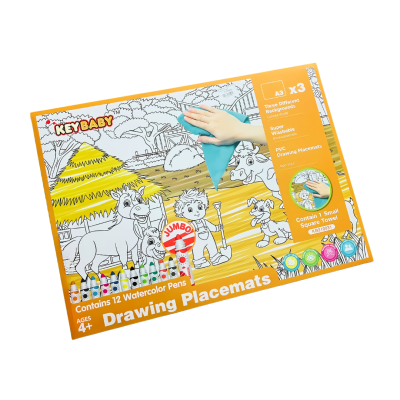 Набір для малювання, дитячі розмальовки Keybaby, 3шт формат А3 з 12 маркерами та серветкою для очищення, Yellow