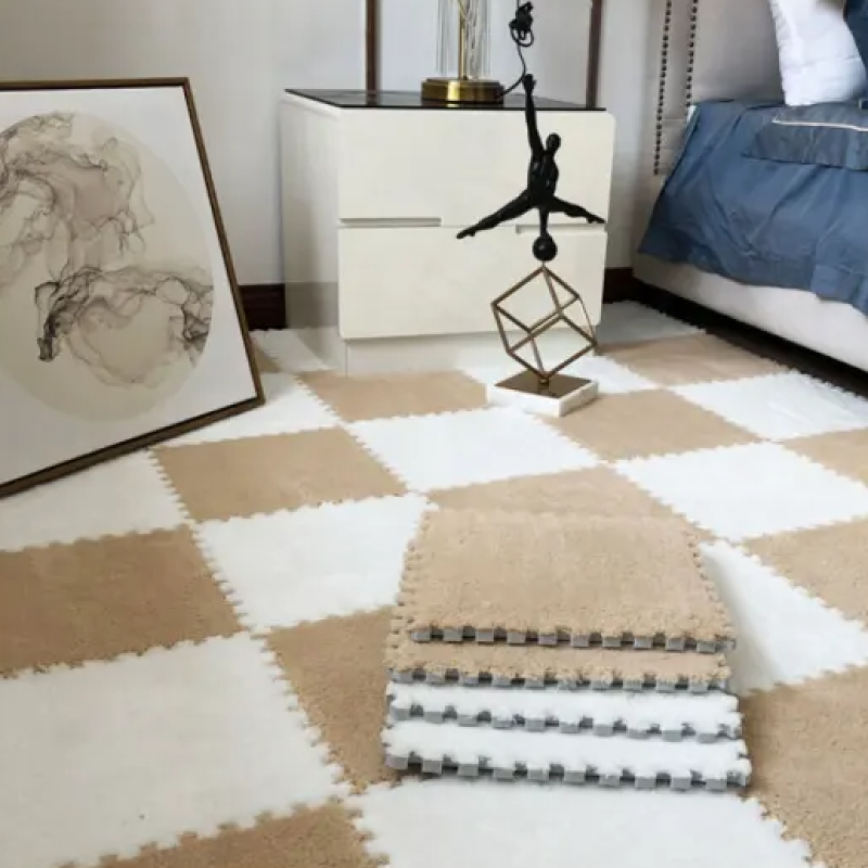 Килимок-пазл плюшевий, термокилимок, мат дитячий теплий 90*120см, 12 пазлів, 2 кольори бежевий/білий