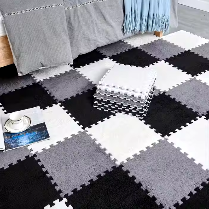 Килимок-пазл плюшевий, термокилимок, мат дитячий теплий 90*120см, 12 пазлів, 3 кольори білий/сірий/чорний
