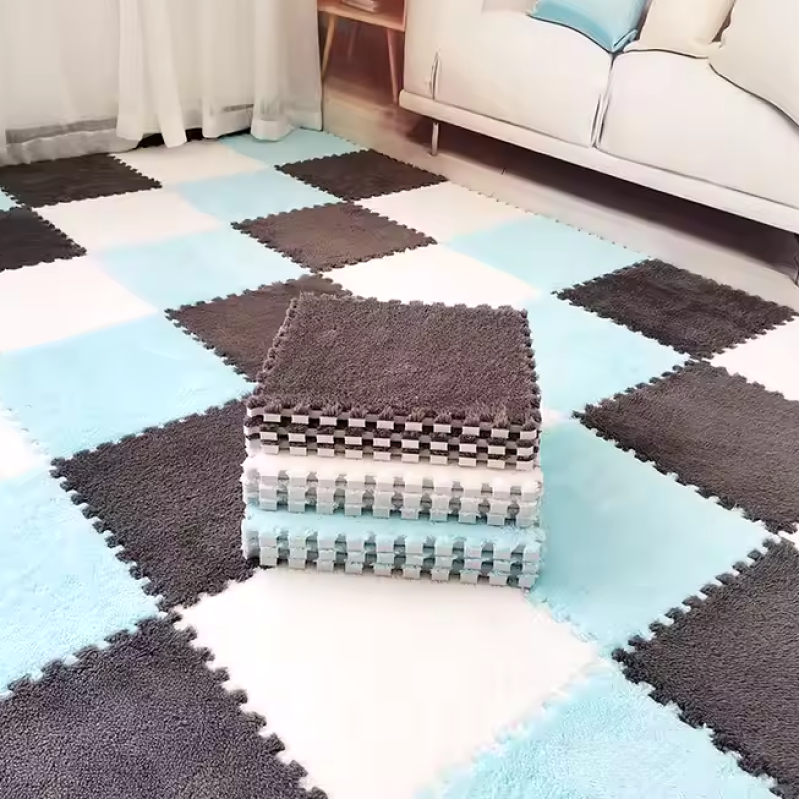 Килимок-пазл плюшевий, термокилимок, мат дитячий теплий 90*120см, 12 пазлів, 3 кольори сірий/білий/блакитний
