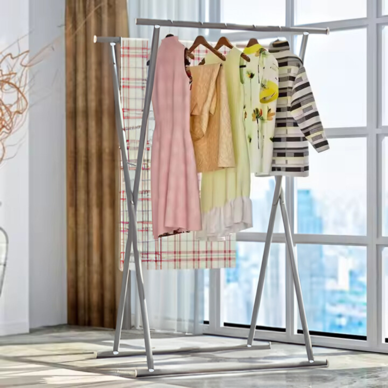 Вішалка для одягу підлогова з двома перекладинами для тремпелів металева сіра висота 143 см