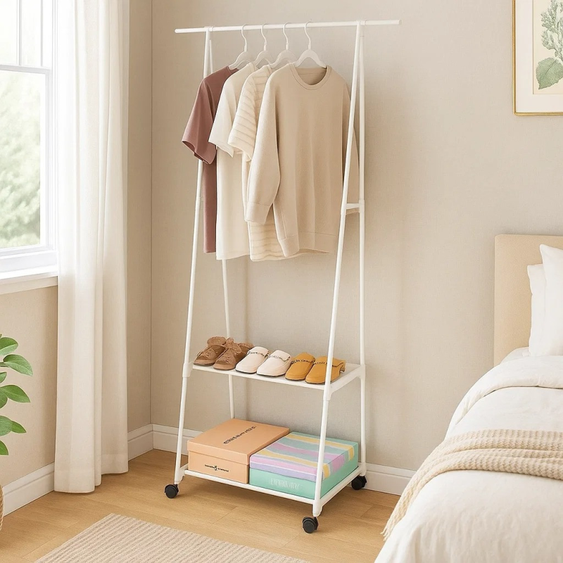 Вішалка для одягу висота 151 см підлогова з полицею для взуття металева біла