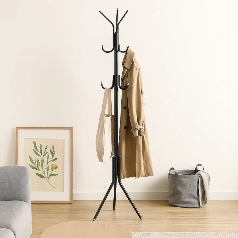 Вішалка для одягу висота 173 см підлогова з гачками для одягу, капелюхів та аксесуарів металева чорна