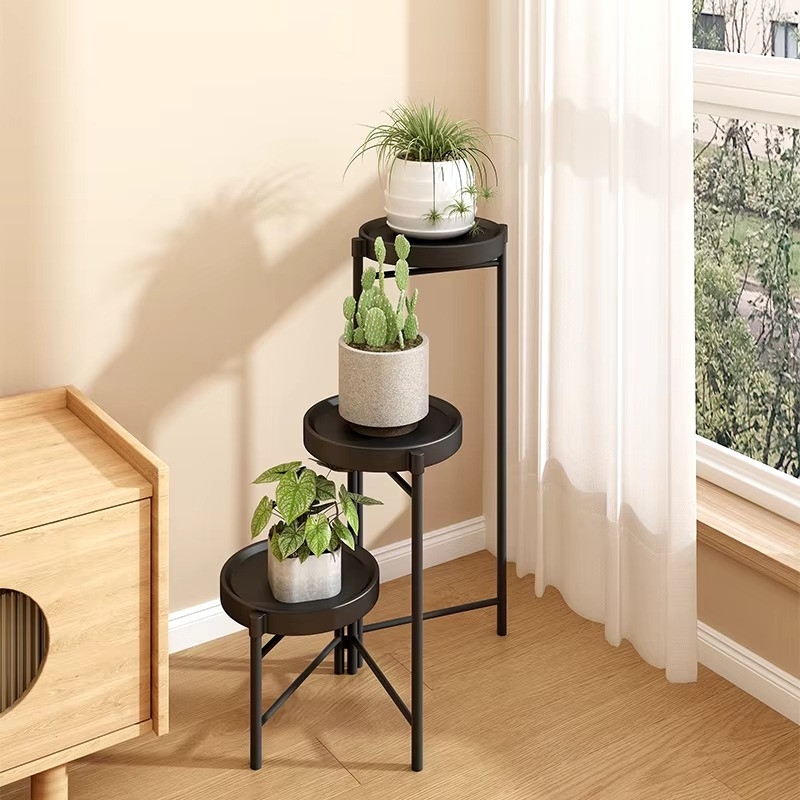 Полиця для для рослин і квітів металева на 3 яруси з круглими підставками колір чорний