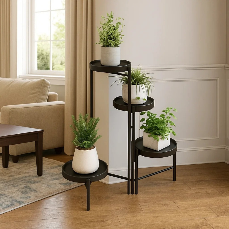 Стелаж із полицями для горщиків із квітами та рослинами металевий на 4 яруси колір чорний