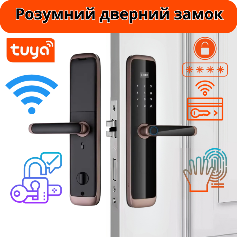 Розумний дверний замок кодовий з відбитком пальця і ключ-карткою KHS-X06, бронзовий