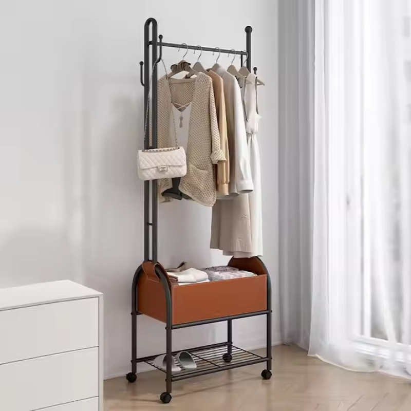 Вішалка для одягу пересувна підлогова з полицею для взуття металева висота 184 см, колір чорний