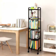 Стелаж полиця підлогова на 5 ярусів, пересувна на колесах металева колір чорний розмір 33х25х141 см