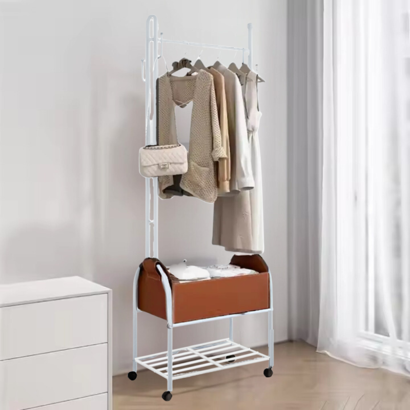 Вішалка підлогова для одягу пересувна з полицею для взуття металева висота 184 см, колір білий