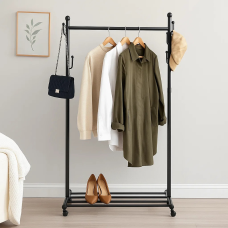 Вішалка пересувна для одягу металева зі стійкою для тремпелів і стійкою з гачками колір чорний
