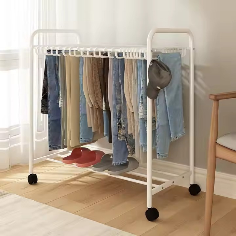 Вішалка для одягу штанів і спідниць на 22 пари підлогова, на колесах пересувна з полицею для взуття біла