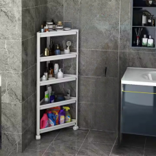 Стелаж полиця кутова пересувна на колесах на 5 ярусів, етажерка універсальна побутова колір білий