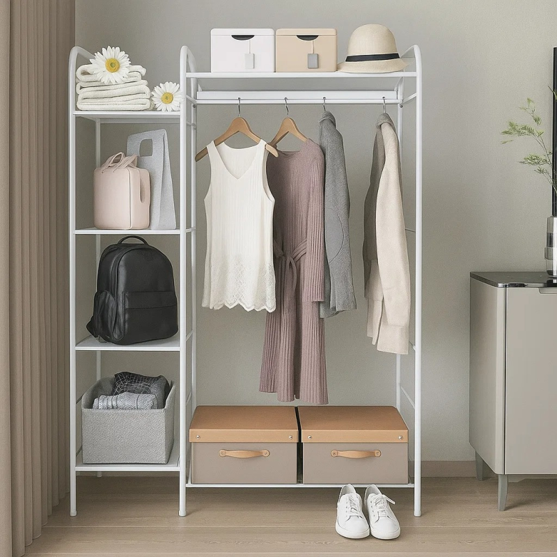 Передпокій для одягу та обвуви на 4 полиці з поперечиною для тремпелів і полицею, металевий, білий