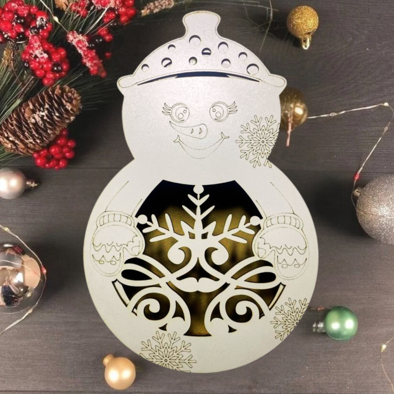 Подарункова коробка новорічна «Сніговик» дерев“яна.Бокс для цукерок на Новий рік розмір 25х16х6,5 см, білий