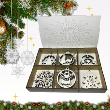 Набір дерев“яних іграшок на ялинку «Happy New Year» у кробці 30 шт, шість видів прикрас, розмір 27х18х4,5 см