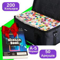 Набір маркерів двосторонні спиртові Touch Smooth 200 шт для малювання та скетчінгу + Альбом A5 для скетчінгу та малювання