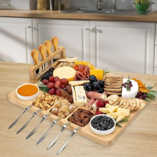 Дошка дерев“яна, сервірувальна для закусок і сиру менажниця бамбукова з набором ножів і виделок 43х33х2см