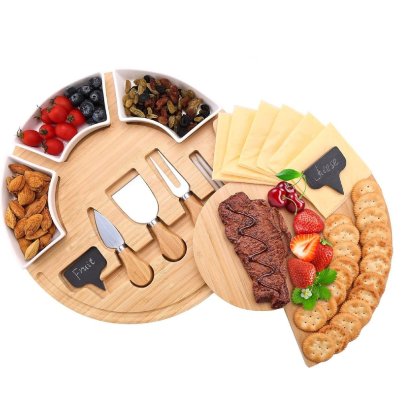 Дошка бамбукова кругла для сиру і закусок з ножами, дерев“яна сервірувальна менажниця діаметр 33 см