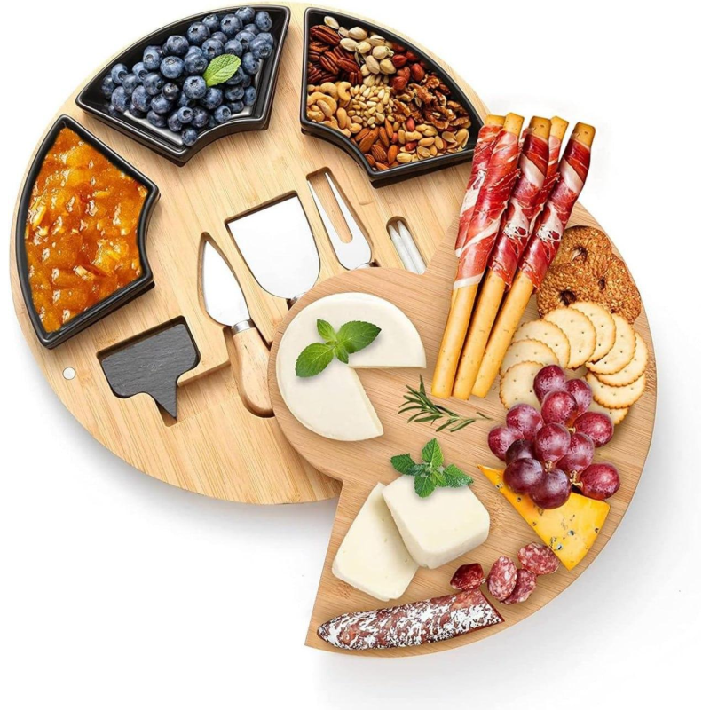 Дошка для сиру і закусок бамбукова кругла з ножами, дерев“яна менажниця діаметр 33 см колір чорний