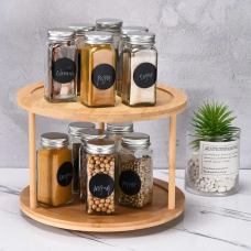 Полиця бамбукова двоярусна кругла кругла, що крутиться, полиця з бамбука( діаметр 30см, висота 20см)