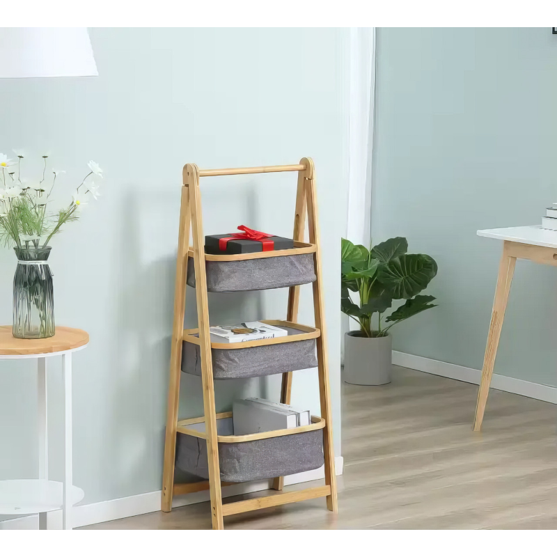 Складна полиця для одягу з бамбука з тканинними кошиками, кошик для білизни, 44×35×99см