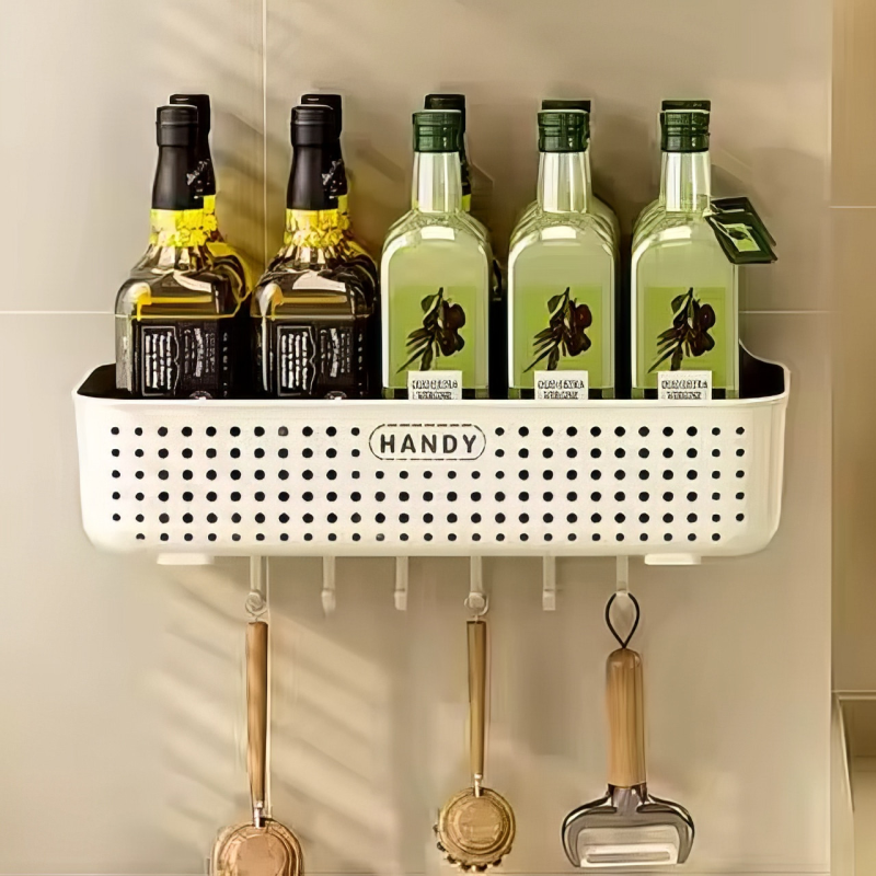 Органайзер для кухні із пластику, настінний кошик з гачками, пластиковий, 26×13×8см, білий колір