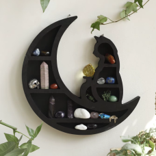 Полиця настінна з дерева для декору та прикрас, відкрита полиця на стіну «Кіт на місяці», розмір 35×35×8см