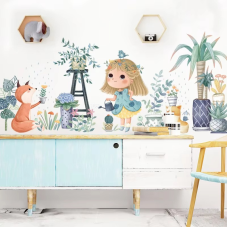 Набір наліпок «Дівчинка з лійкою» вінілові для дитячої кімнати на стіну для дівчаток два полотна по 30х90 см