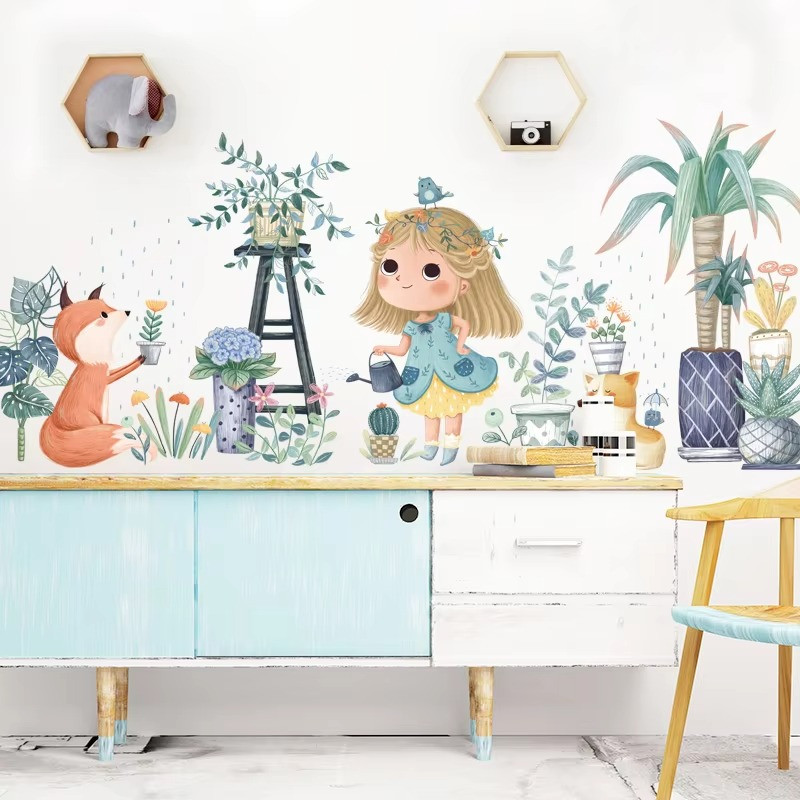 Набір наліпок «Дівчинка з лійкою» вінілові для дитячої кімнати на стіну для дівчаток два полотна по 30х90 см