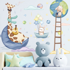 Набір наліпок «Жираф на місяці» вінілові для дитячої кімнати на стіну для хлопчиків і дівчаток 2 шт по 30х90 см