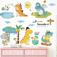 Наклейки вінілові “Динозаври на відпочинку“ в дитячу кімнату на стіну 2 полотна розміром 30х90 см