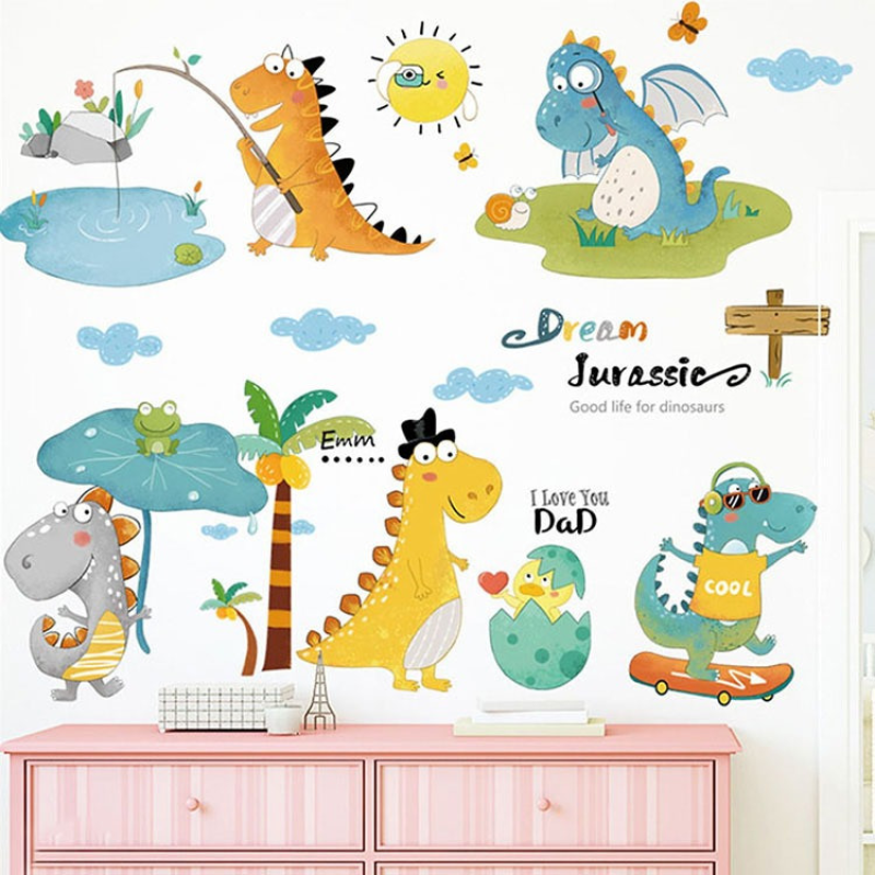 Наклейки вінілові “Динозаври на відпочинку“ в дитячу кімнату на стіну 2 полотна розміром 30х90 см