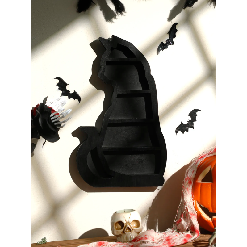 Полиця настінна з дерева Кішка, полиця дерев“яна для для прикрас, чорна, в розмірі 34×20.5см