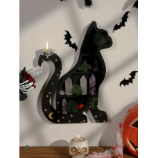 Полиця настінна з дерева Кішка, полиця дерев“яна для для прикрас, чорна з зірками, в розмірі 35×23см