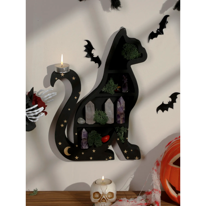 Полиця настінна з дерева Кішка, полиця дерев“яна для для прикрас, чорна з зірками, в розмірі 35×23см