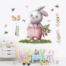 Наклейка декоративна вінілова в дитячу кімнату на стіну «Зайчик з букетом» для дівчаток і хлопчиків 30х60 см