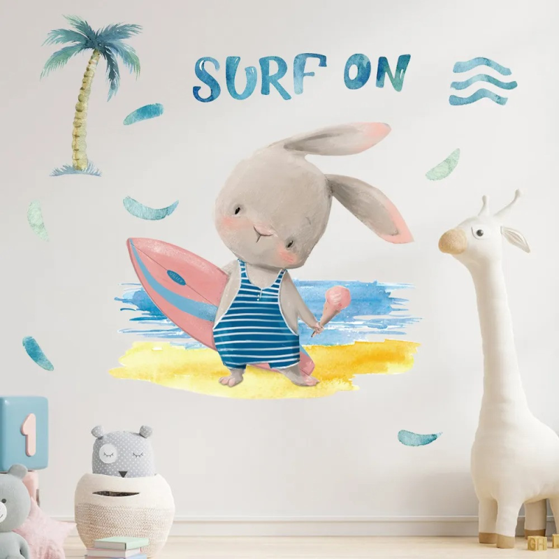 Наклейка декоративна вінілова в дитячу кімнату «Зайчик серфінгіст» для дівчаток і хлопчиків 30х60 см