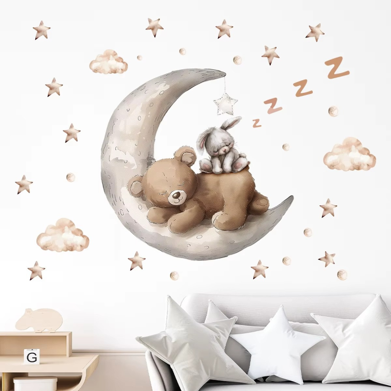 Наклейка декоративна вінілова в дитячу кімнату «Ведмедик із зайчиком на Місяці» для дівчаток і хлопчиків 30х60 см