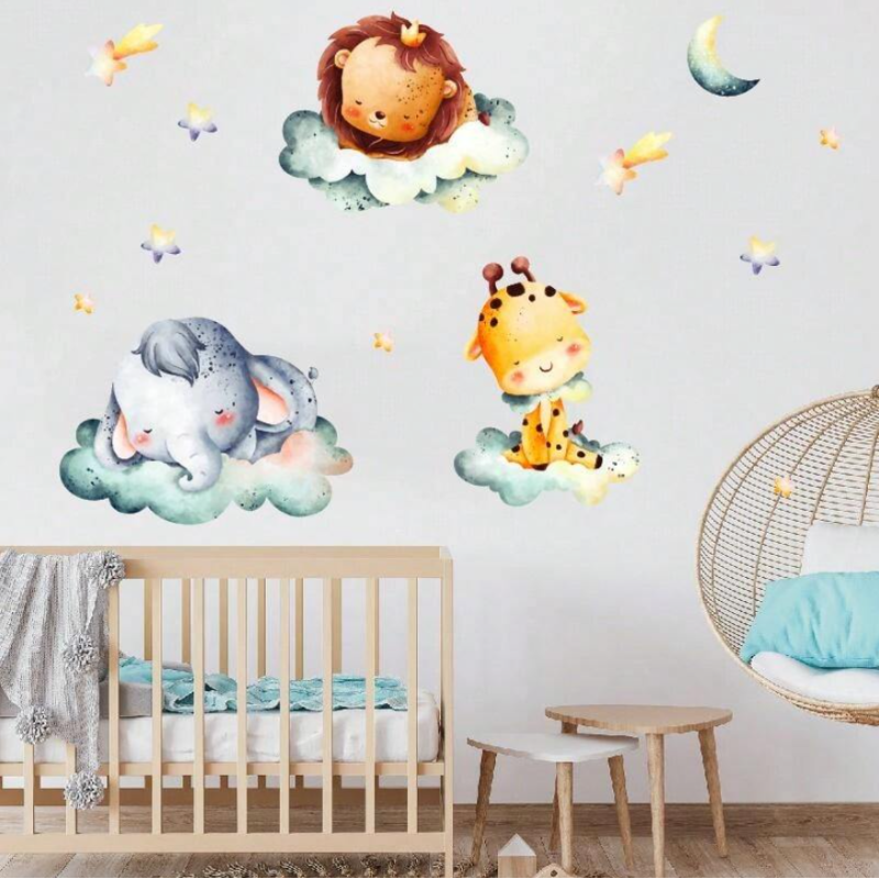 Наклейка вінілова в дитячу кімнату на стіну «Сплячі звірята» для дівчаток і хлопчиків 30х40 см