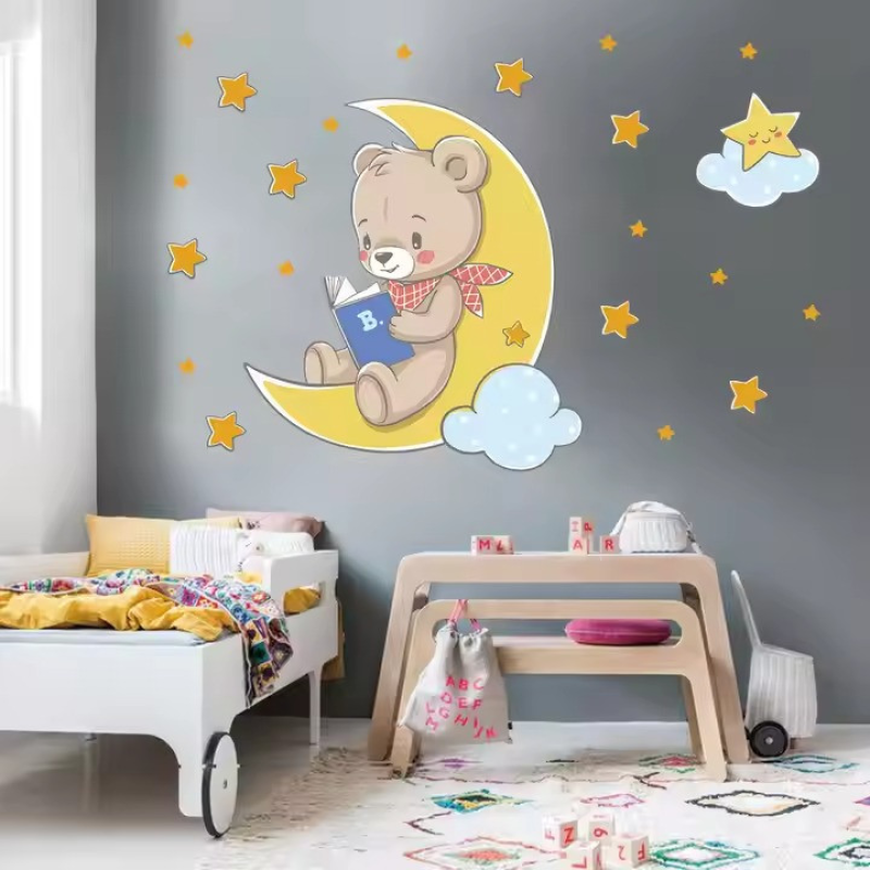 Наклейка вінілова декоративна в дитячу кімнату «Ведмедик на місяці» для дівчаток і хлопчиків 40х60 см