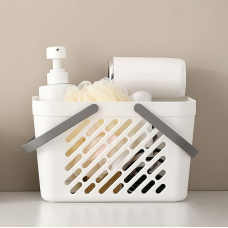 Пластиковий кошик для ванної кімнати 27×18×18см, органайзер для дому, кошик з ручками, білий колір