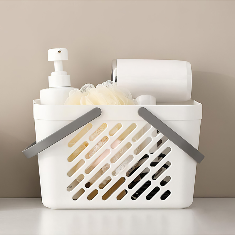 Пластиковий кошик для ванної кімнати 27×18×18см, органайзер для дому, кошик з ручками, білий колір